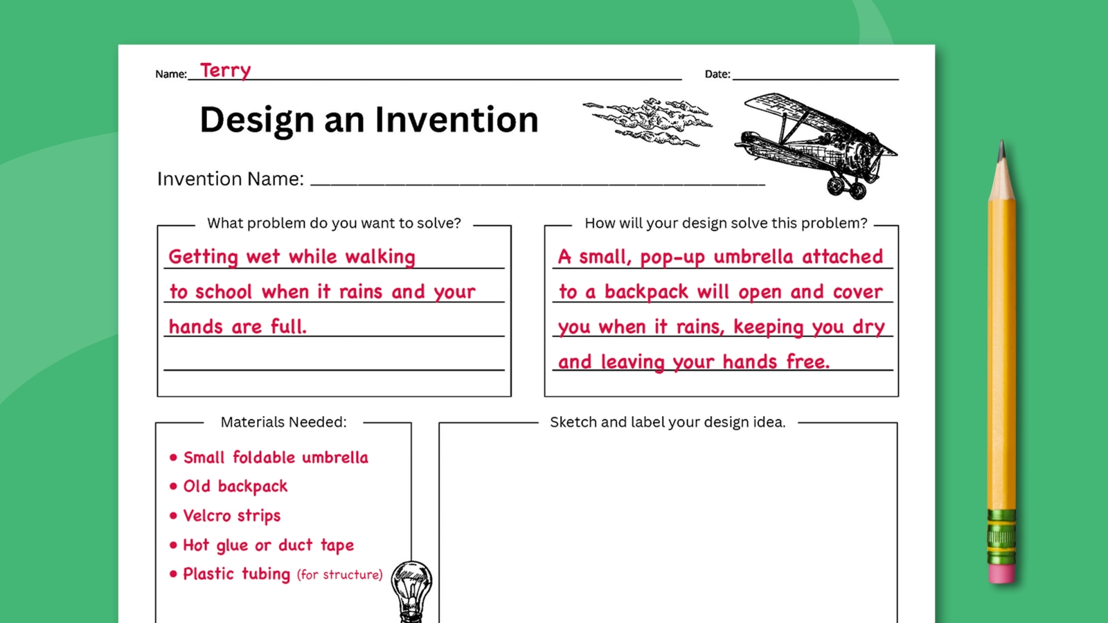 Image of the design and invention worksheet filled out with a sample invention idea