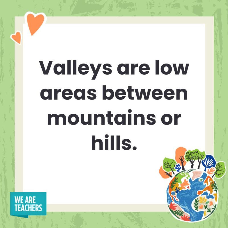 Valleys are low areas between mountains or hills. Valleys are low areas between mountains or hills.- facts about Earth
