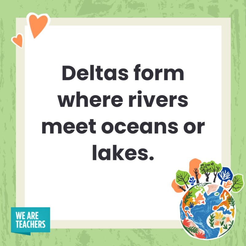 Deltas form where rivers meet oceans or lakes. Deltas form where rivers meet oceans or lakes.- facts about Earth