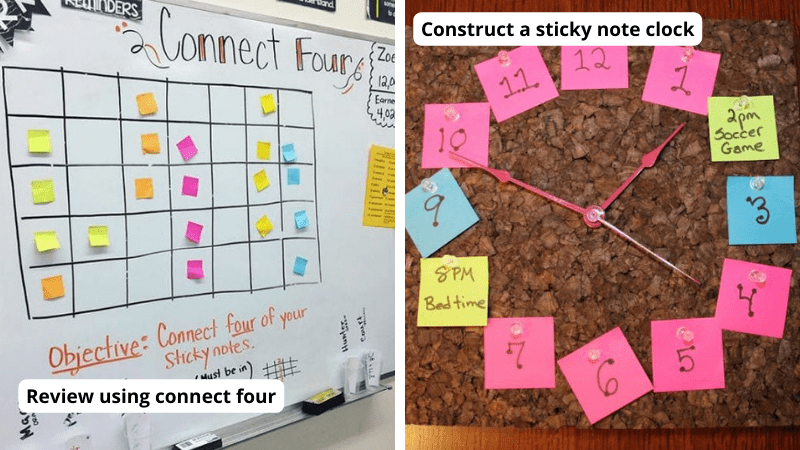There are two images. The first one is of sticky notes being used to play connect four and the other is sticky notes being used to create a clock.