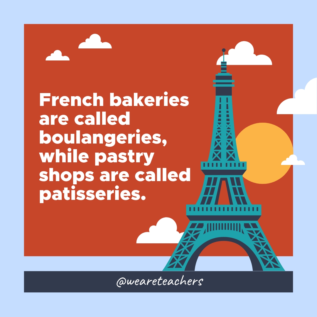 French bakeries are called boulangeries, while pastry shops are called patisseries. French bakeries are called boulangeries, while pastry shops are called patisseries.