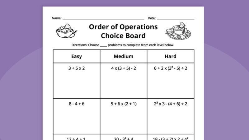 Order of Operations Choice Board