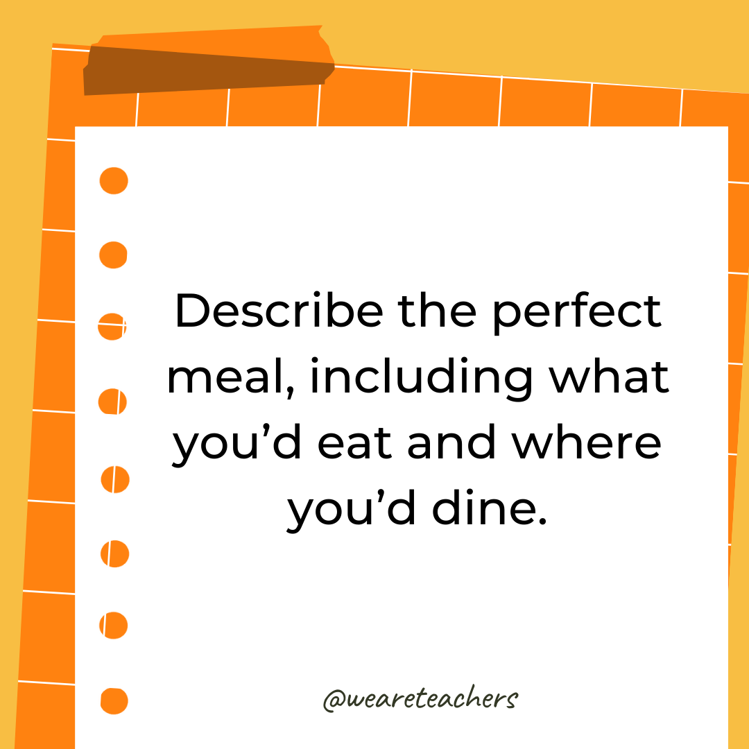Describe the perfect meal, including what you’d eat and where you’d dine. Describe the perfect meal, including what you’d eat and where you’d dine.- 4th grade writing prompts