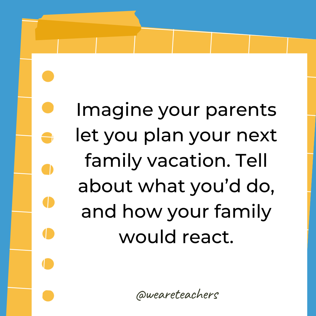 Imagine your parents let you plan your next family vacation. Tell about what you’d do, and how your family would react. Imagine your parents let you plan your next family vacation. Tell about what you'd do, and how your family would react.