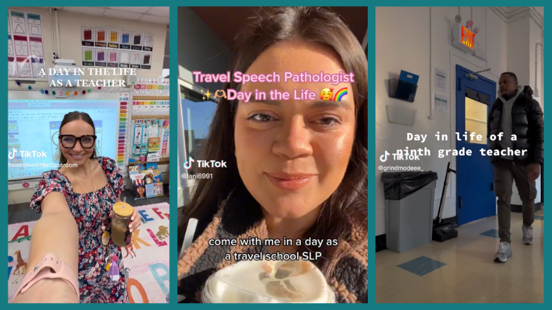 Screenshots of three teachers as they share a glimpse into the day of a TikTok teacher.