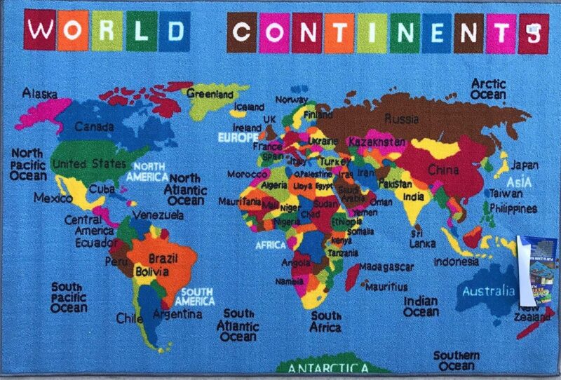 Continents-Map Rug A blue rug that says World Continents in rainbow letters shows a large marp.
