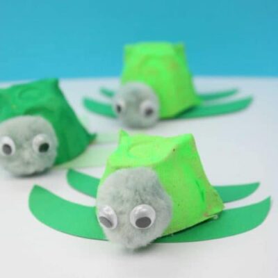 egg-carton-turtles Tiny baby turtles made from one section of an egg carton painted green, with green construction paper flippers and googly eyes on its face