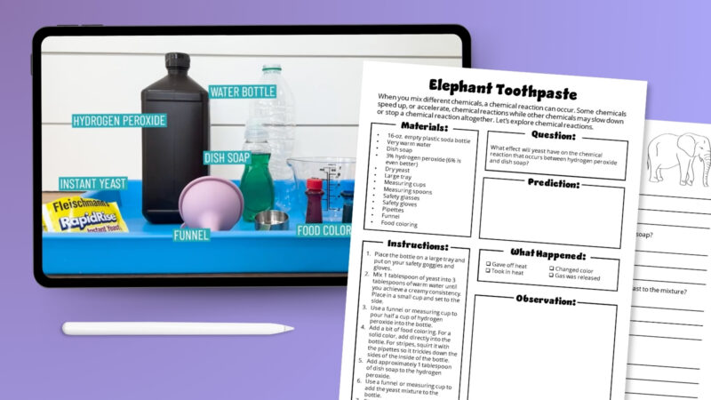 Elephant Toothpaste Experiment Tablet with elephant toothpaste experiment materials featured on screen next to a worksheet.