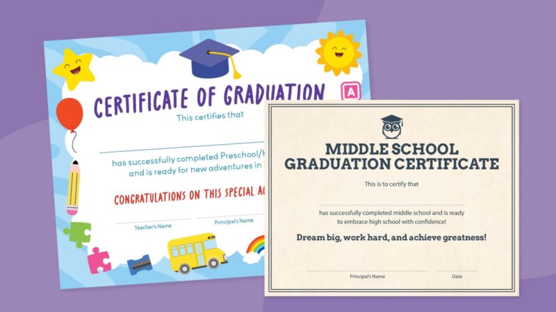 Two diplomas are shown. One is more childish and one is more distinguished looking on a plain beige background.