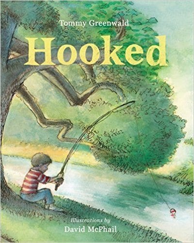 Hooked Book cover of hooked with a boy fishing under a tree at a lake