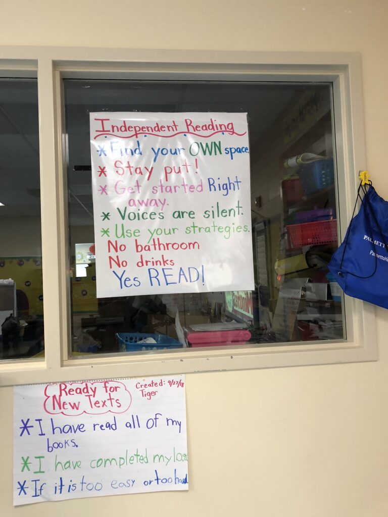 procedure-chart anchor chart hanging on a window with independent reading routine
