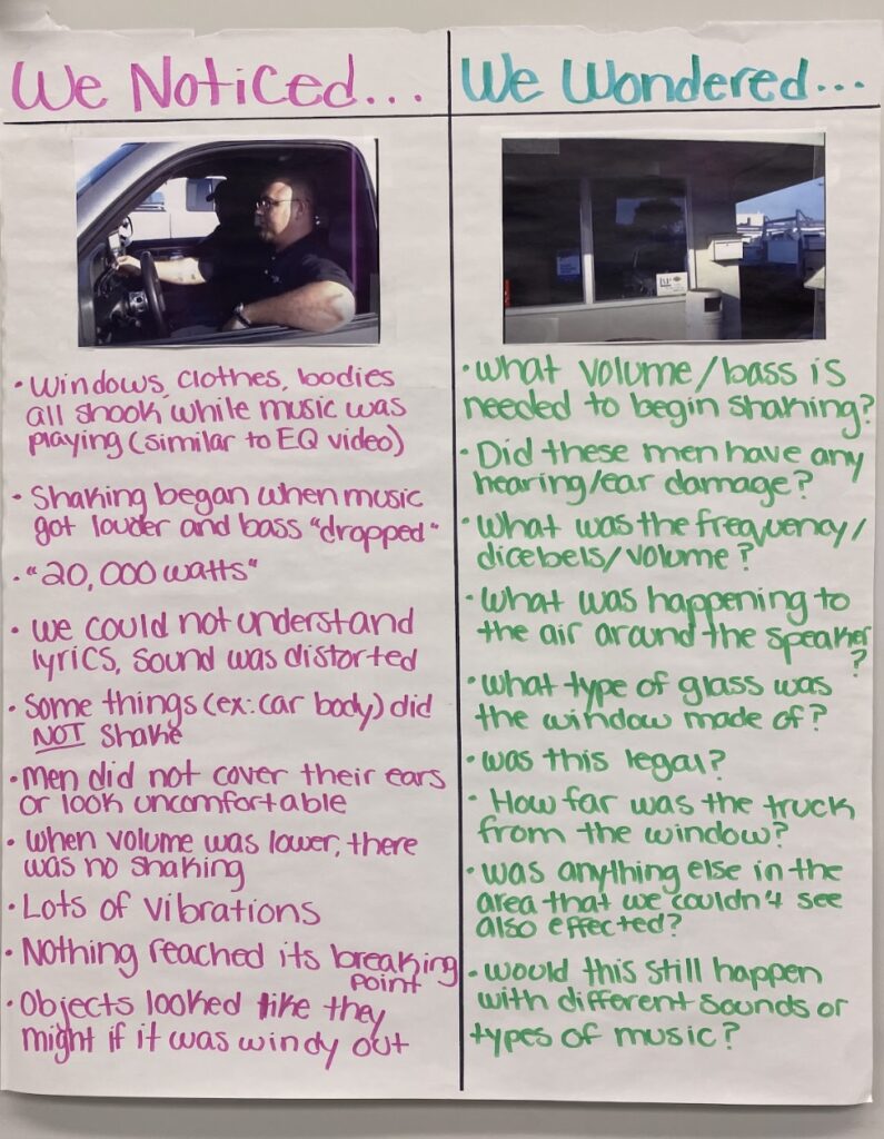 t-chart t-chart with pink and green writing about a topic. t chart is labeled we noticed and we wondered