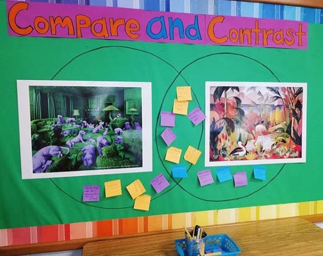 Interactive Bulletin Board Lauren Kim IG Bulletin board with large Venn diagram comparing two works of art