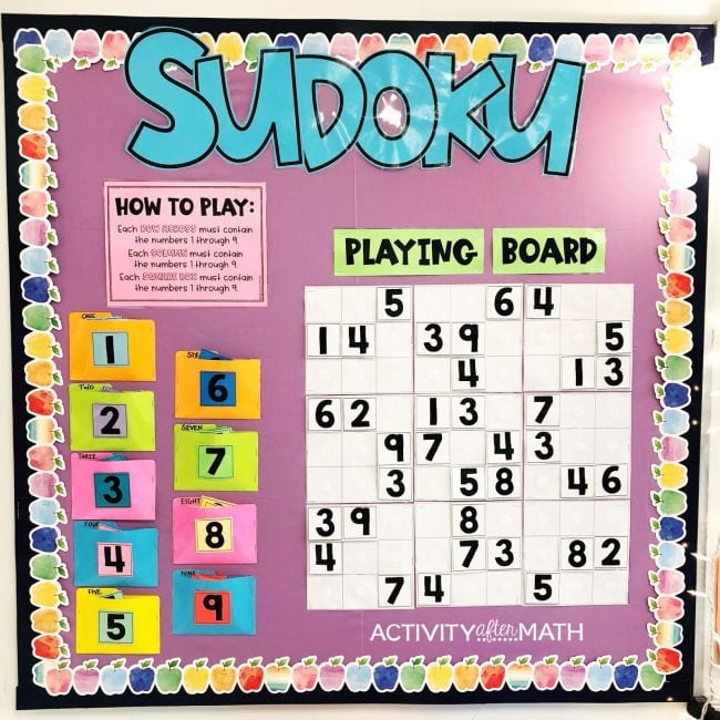 Interactive Bulletin Boards Activity After Math Sudoku bulletin board with a puzzle to solve and numbers attached by Velcro