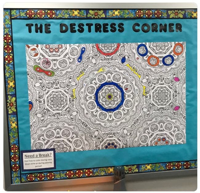 Interactive Bulletin Boards: Coloring Corner The Destress Corner bulletin board with a large coloring page and markers