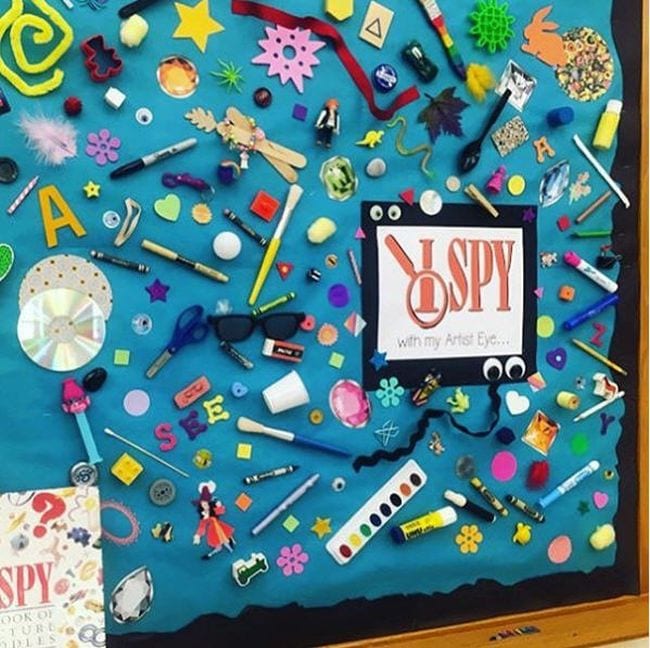 Interactive Bulletin Boards Lauralee Chambers IG I Spy bulletin board with a large number of items attached