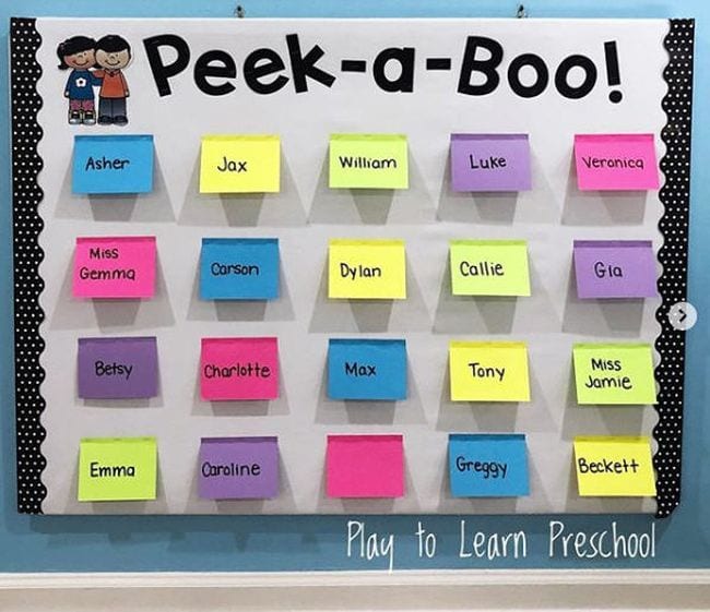 Interactive Bulletin Boards Play to Learn Preschool IG 2 Peek-a-Boo bulletin board with folded cards showing pictures of students and their names