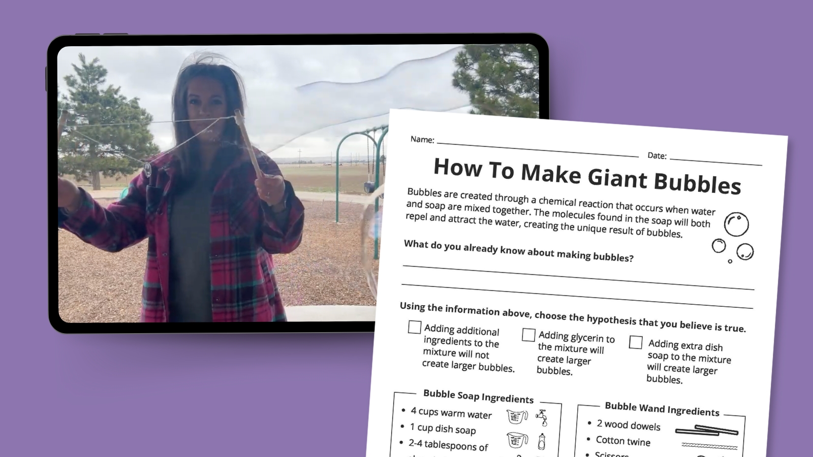 Make-Giant-Bubbles-2 An instructor on a video screen with a worksheet in the foreground