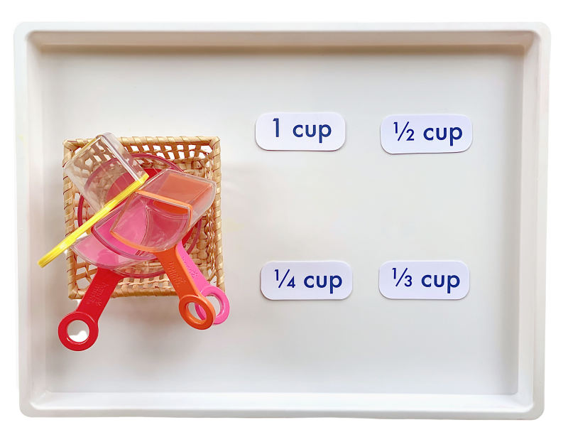 Measuring Cups A few measuring cups are shown next to labels that say 1 cup 1/2 cup, 1/3 cup, and 1/4 cup