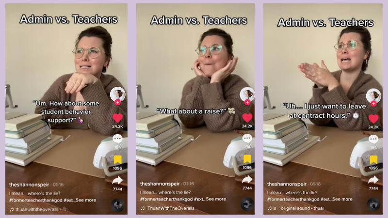 Female teacher in brown sweater taking lyrics from Flowers song and comparing them to what admin offers teachers vs what teachers actually need.