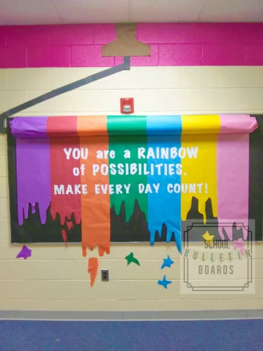 You are a rainbow of possibilities. Make every day count! Rainbow paint roller bulletin board idea 