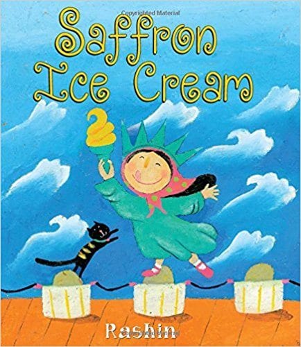 Saffron Ice Cream Book cover of Saffron Ice Cream with a girl and dressed up as the Statue of Liberty with her pet cat. (Summer read alouds)