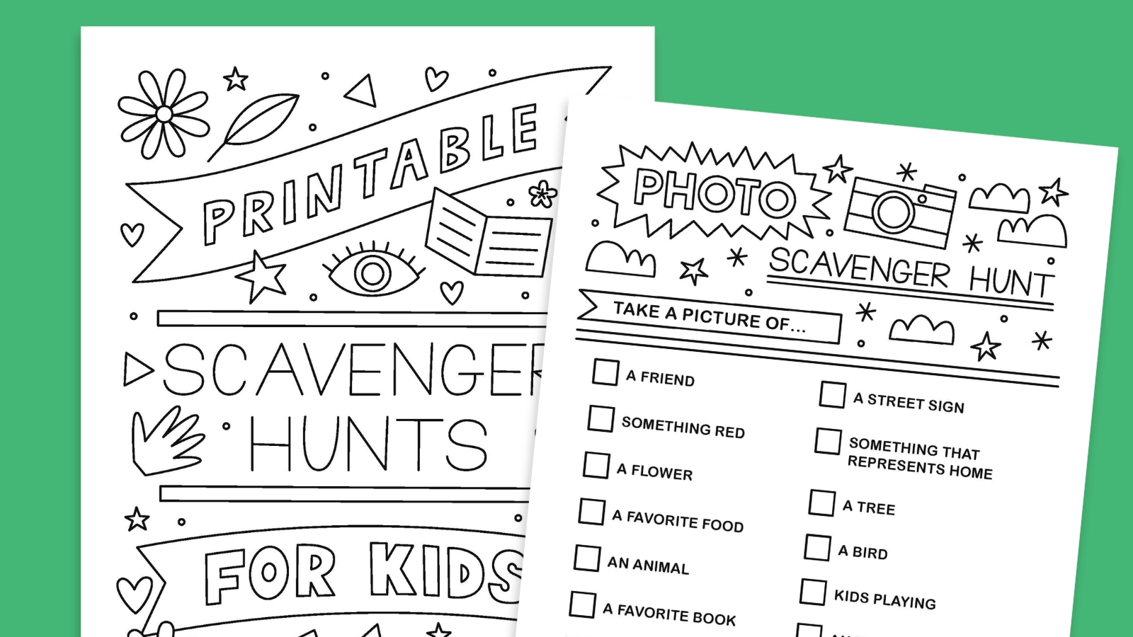 Scavenger Hunt Ideas for Kids Free printable scavenger hunts for kids pages, including a cover page and a photo hunt