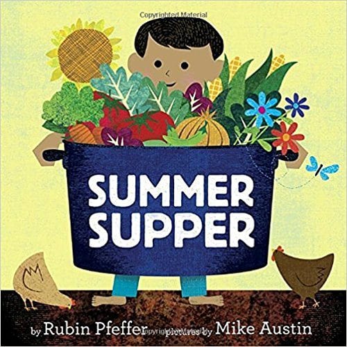 Summer Supper Summer Supper book cover with a boy holding a pot of fresh vegetables (summer read alouds)