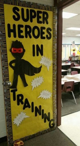 Door banner with words Super heroes in training