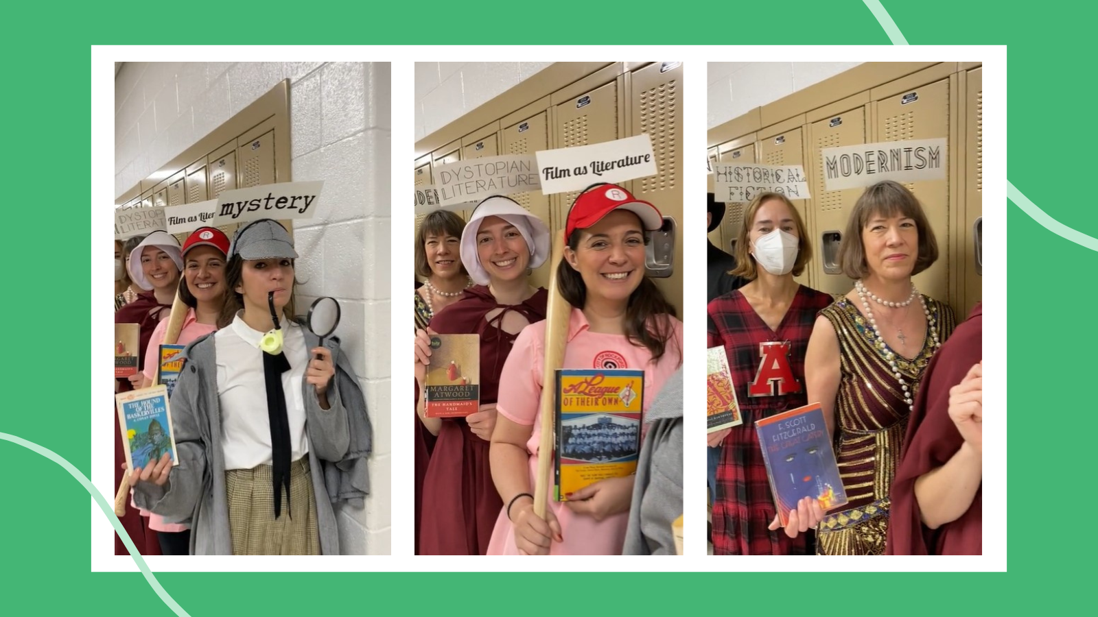 These teachers line the hallway dressed as different book genres.