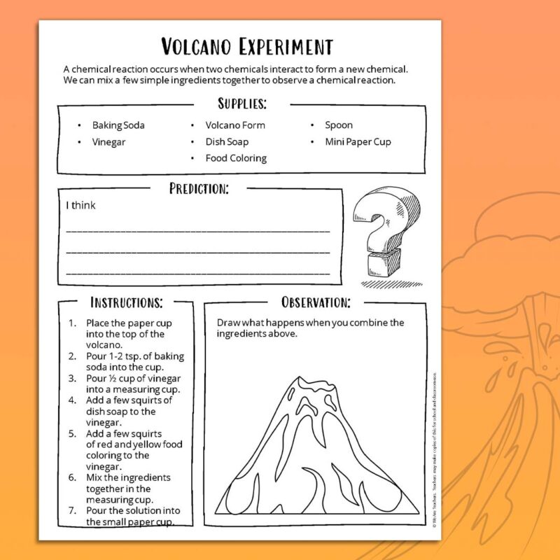 Volcano Experiment Worksheets One baking soda volcano worksheet on orange background.