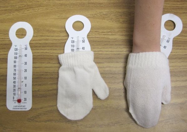mitten-temperature Thermometers and white mittens, with a child's hand inside one mitten