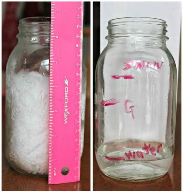 water-measurements Glass jar of snow, measured with a ruler, next to a glass jar of melted snow water marked with measurements