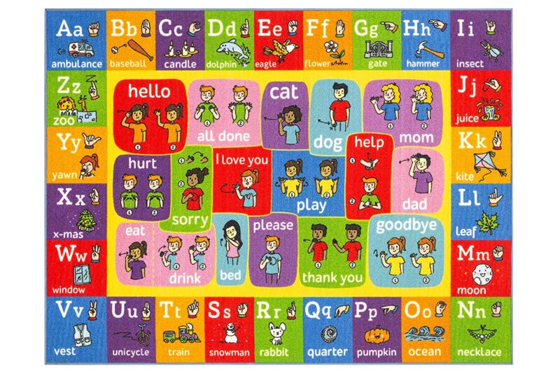 ASL Rug Colorful rug with the ASL alphabet in graphics.