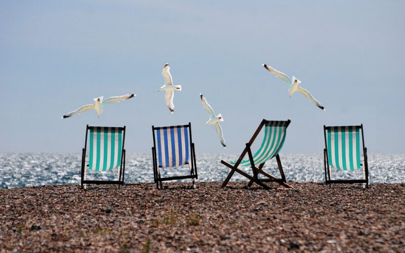 Writing Prompts: Beach Chairs Four empty beach chairs on the shore, with seagulls flying overhead.