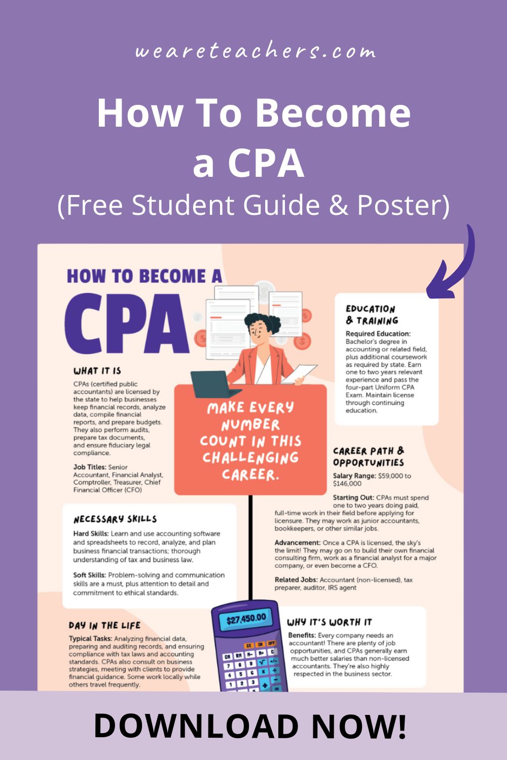 become a CPA poster Certified public accountants work with numbers to help businesses manage their financial accounts. Learn how to become a CPA today!