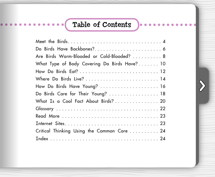 Birds: A Question and Answer Book Table of Contents Sample page from Birds: A Question and Answer Book showing table of contents