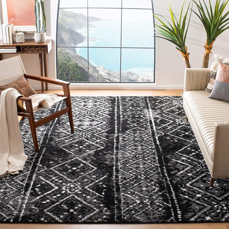 Black Silver Rug A patterned rug is black and silver.