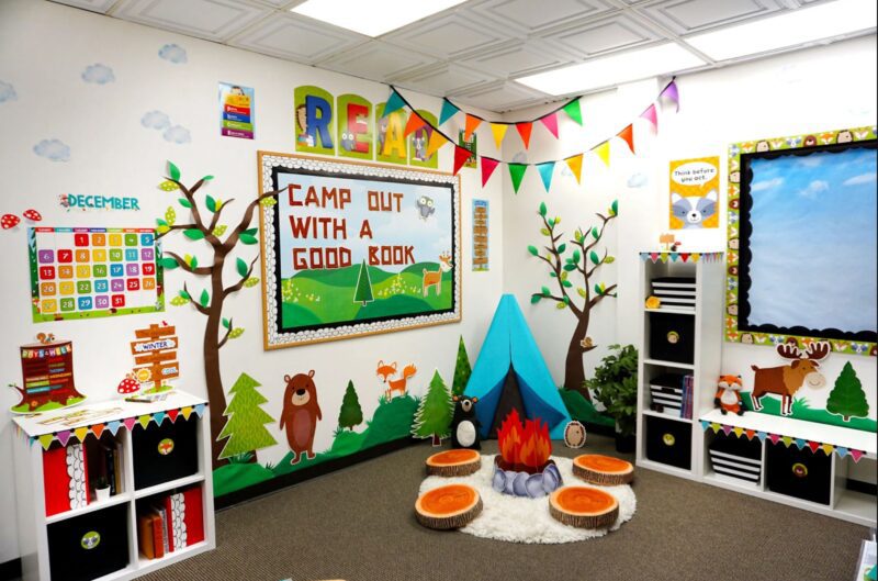 Camping Classroom Reading Nook Reading nook with pretend tent and campfire, as an example of the best classroom reading nooks