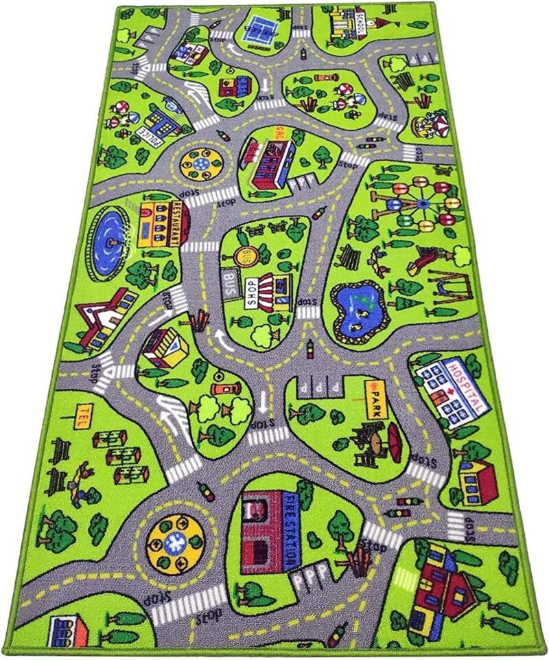Car Rug A rug has streets and other cityscape things on it.