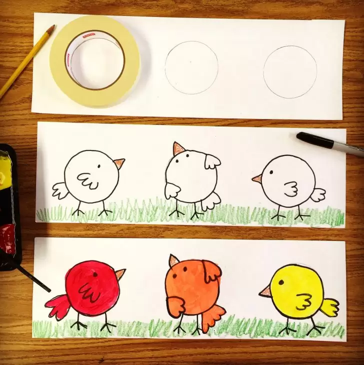 Circle Chicks Drawing Three strips of white paper are shown. The first has a pencil and a roll of tape that is to be traced to make a a circle. The second has a black outline of 3 chicks. The last shows them colored. (kindergarten art)