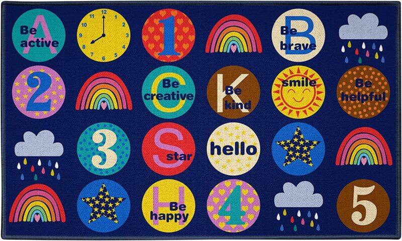 Circle Rug Different circles on a blue rug have different sayings and designs like Be Happy and a rainbow and a clock. This rug is an example of classroom rugs.