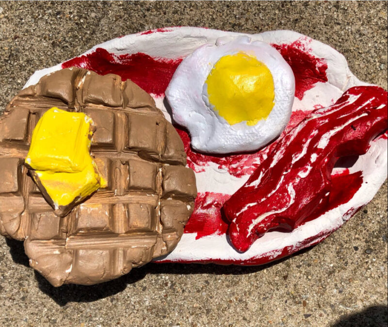 Clay Breakfast Project Clay sculpture of waffle, egg, and bacon