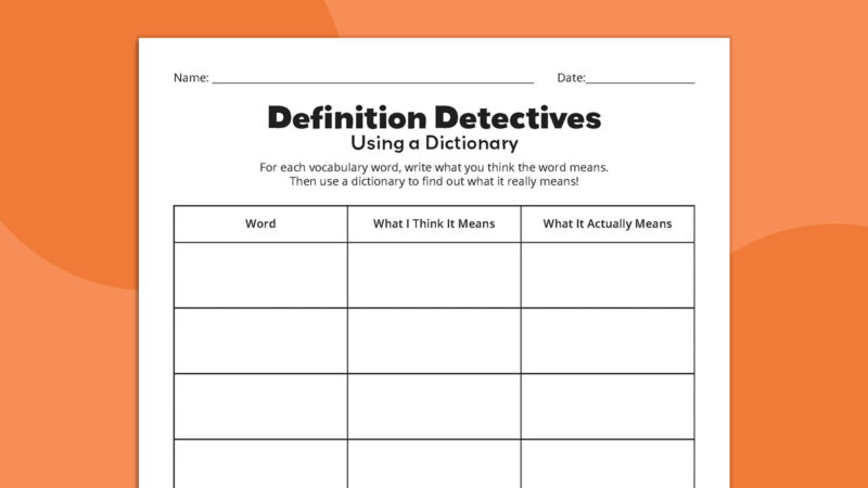 Definitions Detectives Flat lay of Definitions Detectives vocabulary worksheet