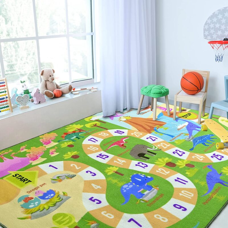 Dino Rug A rug features dinosaurs and a winding path with numbers.
