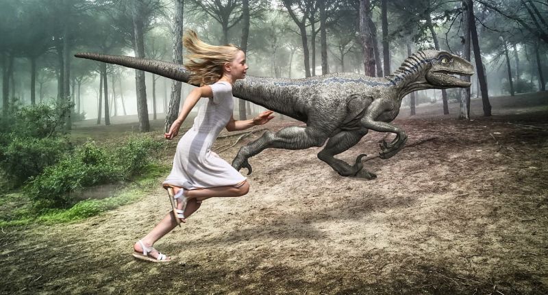 Writing Prompts: Dinosaur Race An illustration of a young girl racing alongside a dinosaur