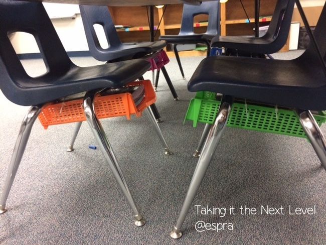 Dollar Store Hacks: Chair Baskets Colorful plastic paper trays attached to the bottom of school chairs