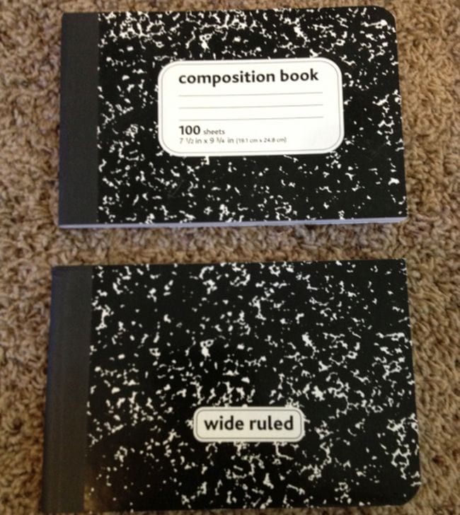 Dollar Store Hacks: Composition Books Composition notebook cut in half horizontally to create two notebooks as an example of dollar store hacks for the classroom