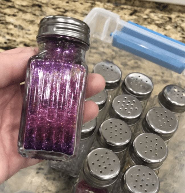Dollar Store Hacks: Glitter Shaker Salt shaker filled with purple glitter as an example of dollar store hacks for the classroom