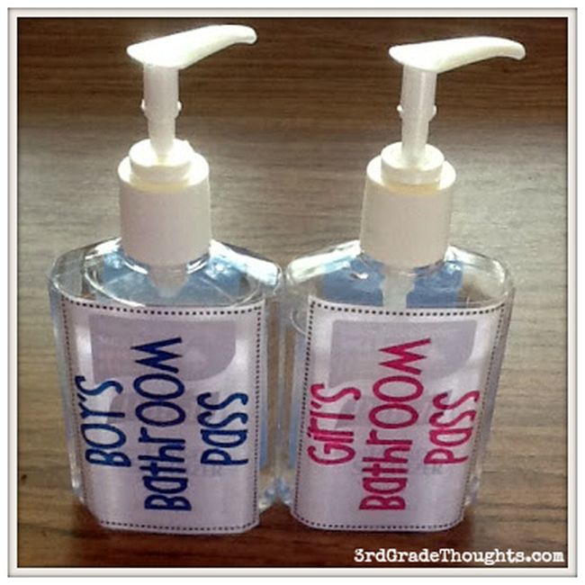 Dollar Store Hacks; Hand Sanitizer Passes Hand sanitizer bottles labeled Boys Bathroom Pass and Girls Bathroom Pass